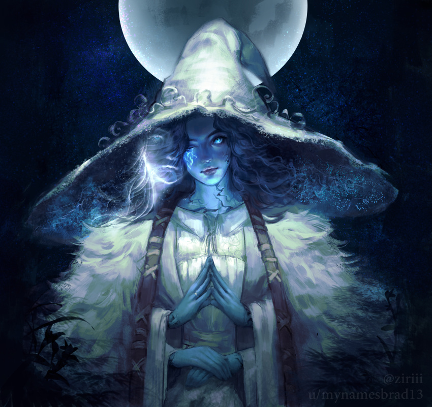 1girl, absurdres, blue_background, blue_dress, blue_eyes, blue_hair, blue_hat, blue_robe