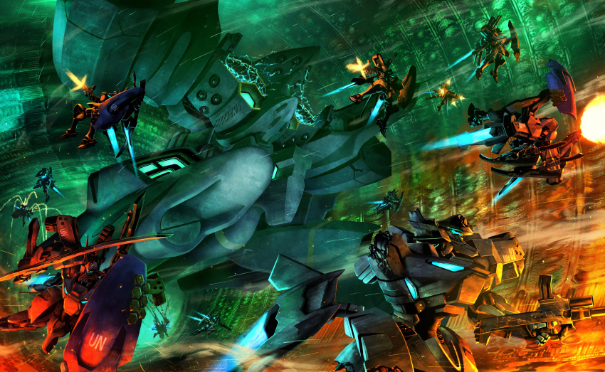 absurdres, artist_request, blue_fire, blue_light, cave, cave_interior, fire, firing, flying, gun, highres, holding, holding_gun, holding_shield, holding_sword, holding_weapon, mecha, mecha_focus, missing_limb, muv-luv, muv-luv:_dimensions, muv-luv_alternative, no_humans, official_art, robot, shield, speed_lines, sword, tactical_surface_fighter, type_94_shiranui, weapon, xg-70d_susanoo_iv