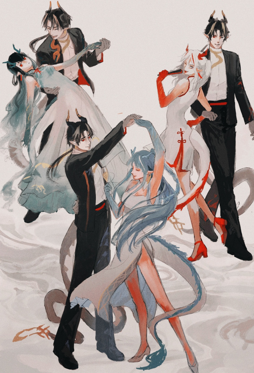1boy, 3girls, arknights, black_hair, black_jacket, black_suit, blue_dress, blue_hair