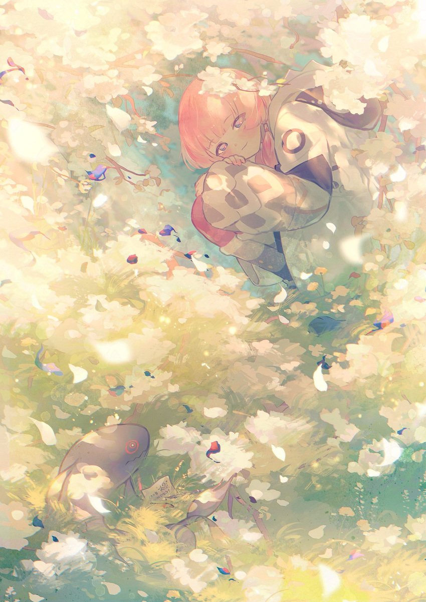 1girl, blue_eyes, blue_jacket, blush, branch, closed_mouth, floral_background, flower