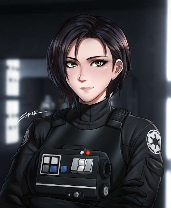 1girl, armor, belt, black_gloves, black_hair, black_jumpsuit, blurry, blurry_background, breastplate, breasts, brown_eyes, death_star, depth_of_field, galactic_empire, gloves, imperial_insignia, indoors, jumpsuit, looking_at_viewer, medium_breasts, short_hair, signature, solo, star_wars, tie_pilot, upper_body, utility_belt, zxpfer