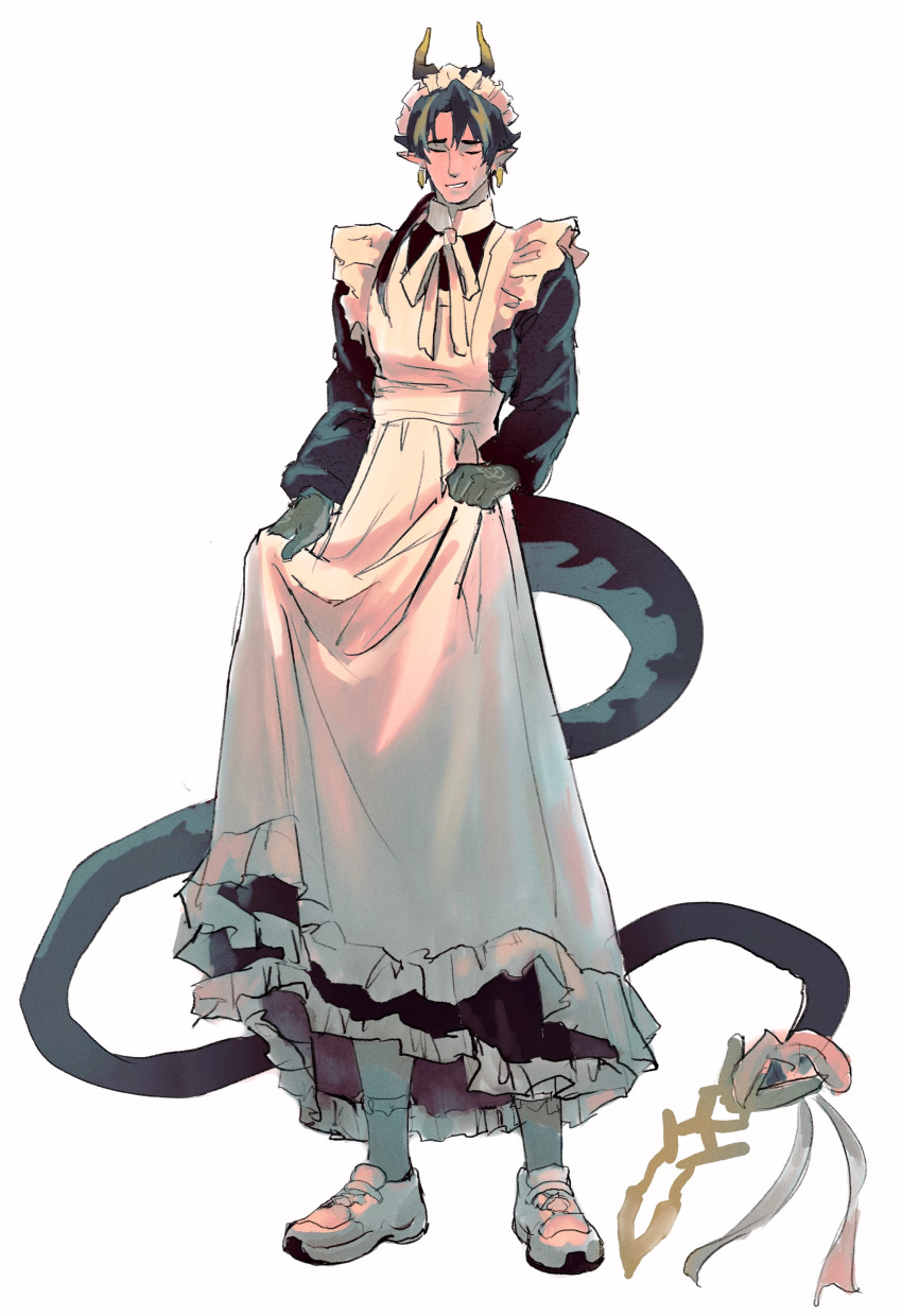 1boy, absurdres, apron, arknights, black_dress, black_hair, chinese_commentary, chong_yue_(arknights)