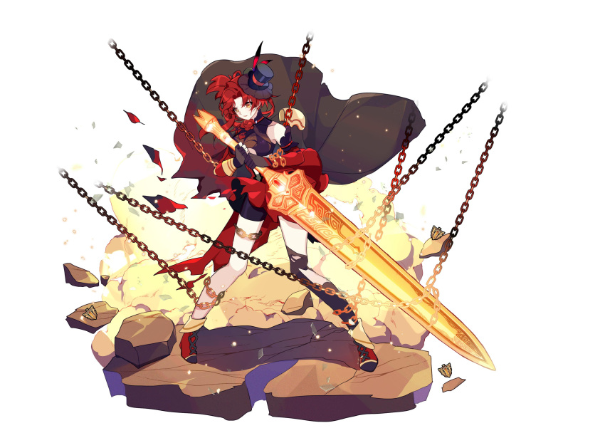 1girl, absurdres, bad_id, black_thighhighs, chain, claymore_(sword), closed_mouth, dress, full_body, hat, highres, holding, holding_sword, holding_weapon, honkai_(series), honkai_impact_3rd, jacket, murata_himeko, murata_himeko_(blood_rose), red_dress, red_footwear, red_jacket, redhead, shadow, simple_background, single_thighhigh, solo, standing, sword, thigh-highs, top_hat, torn_clothes, torn_thighhighs, weapon, white_background, yellow_eyes
