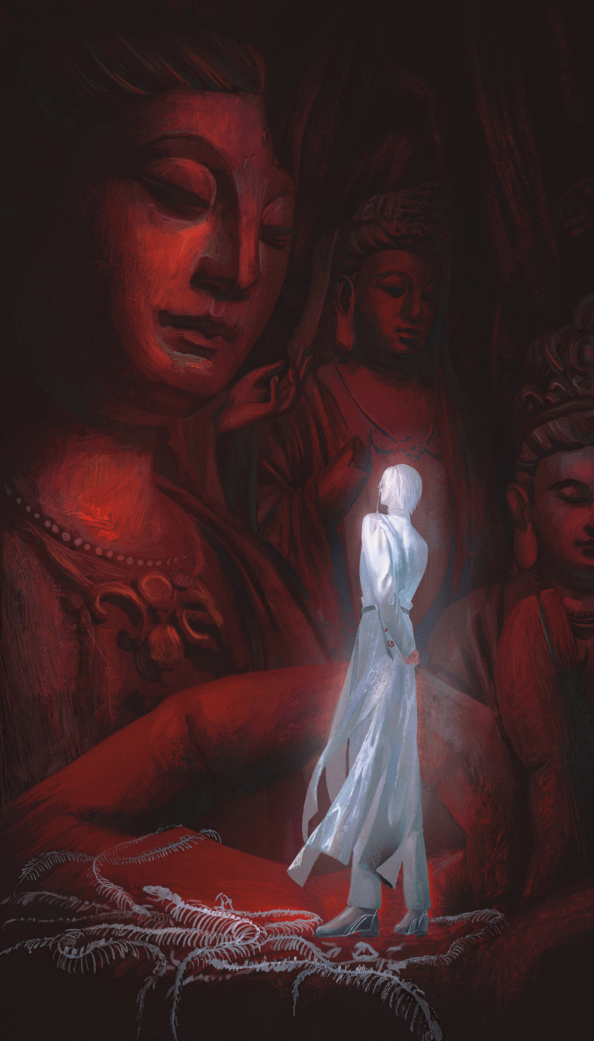 1boy, absurdres, arm_behind_back, buddha, chinese_commentary, commentary_request, full_body, highres