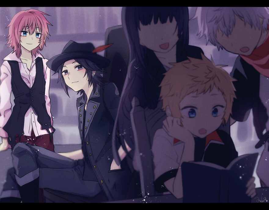 1girl, 4boys, anoko_(darenokoanoko), black_eyes, black_hair, black_jacket, black_pants, black_vest