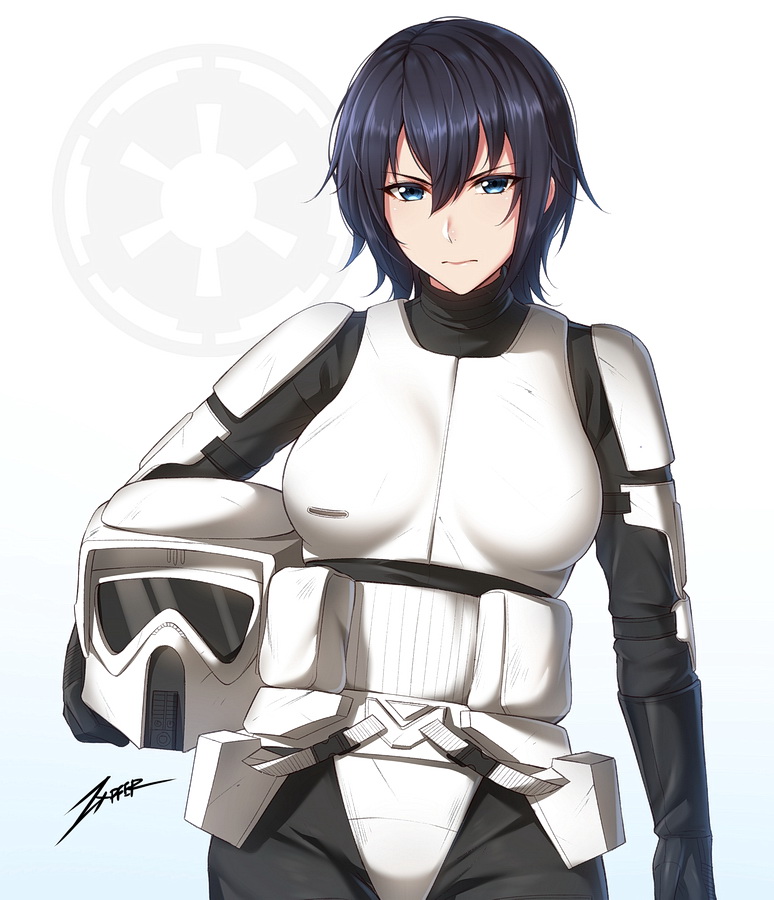 1girl, black_hair, blue_eyes, breasts, helmet, holding, holding_helmet, large_breasts