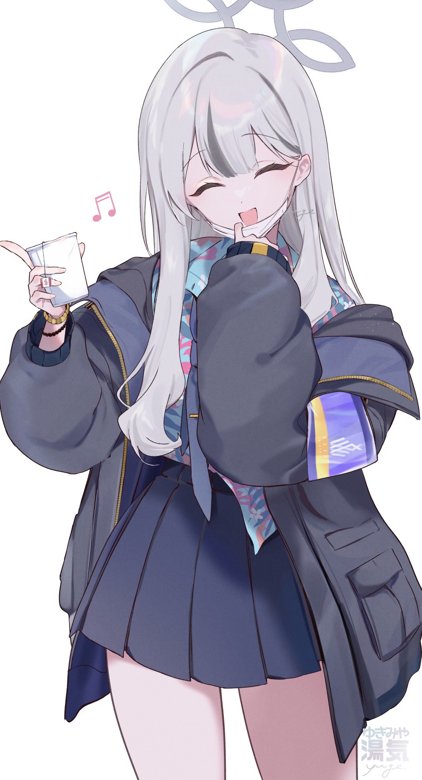 1girl, absurdres, beamed_sixteenth_notes, black_necktie, black_skirt, blue_archive, blue_shirt, blush