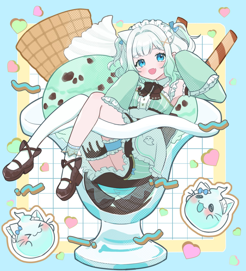 :d, apron, asymmetrical_legwear, black_footwear, blue_eyes, blush, center_frills, commentary, detached_sleeves, dress, english_commentary, fang, food, frills, full_body, ghost_pose, gradient_hair, green_dress, green_hair, green_sleeves, grey_hair, highres, ice_cream, ice_cream_cup, indie_virtual_youtuber, maid, maid_headdress, mary_janes, mint_fantome, multicolored_hair, open_mouth, oversized_food, oversized_object, romina, shoes, short_hair, single_thighhigh, sitting, skin_fang, sleeves_past_fingers, sleeves_past_wrists, smile, socks, thigh-highs, virtual_youtuber, waist_apron, white_apron, white_socks, white_thighhighs, wisps_(mint_fantome)