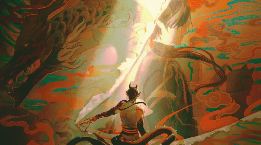 1boy, absurdres, arknights, brown_hair, chinese_commentary, chong_yue_(arknights), coat, commentary_request, dragon, dragon_boy, dragon_horns, dragon_tail, eastern_dragon, facing_to_the_side, highres, holding, holding_weapon, horns, long_hair, long_sleeves, low_ponytail, male_focus, multicolored_hair, multiple_views, orange_background, shonoman, sleeveless, streaked_hair, tail, very_long_tail, weapon, whorled_clouds