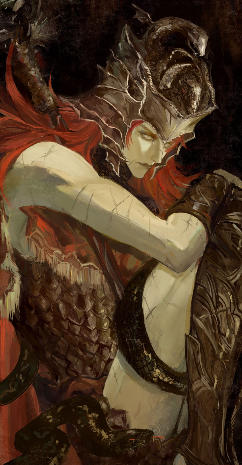 1boy, absurdres, animal_helmet, armor, bare_arms, black_armor, black_helmet, black_snake, bracer, cape, elbow_on_knee, elden_ring, forked_tongue, greaves, guanhaoniziji8, head_down, helmet, highres, holding, holding_polearm, holding_weapon, knees_to_chest, lamellar_armor, looking_to_the_side, medium_hair, messmer_the_impaler, polearm, red_cape, redhead, scar, scar_on_arm, scar_on_leg, scratches, slit_pupils, snake, tongue, weapon, yellow_eyes