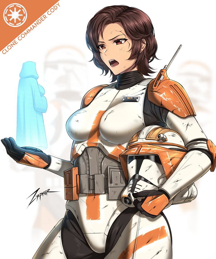 2girls, armor, brown_eyes, brown_hair, character_name, cloak, clone_trooper, commander_cody, genderswap, genderswap_(mtf), helmet, holding, holding_helmet, hologram, hood, hooded_cloak, looking_at_another, multiple_girls, open_mouth, short_hair, signature, star_wars, unworn_headwear, unworn_helmet, zxpfer