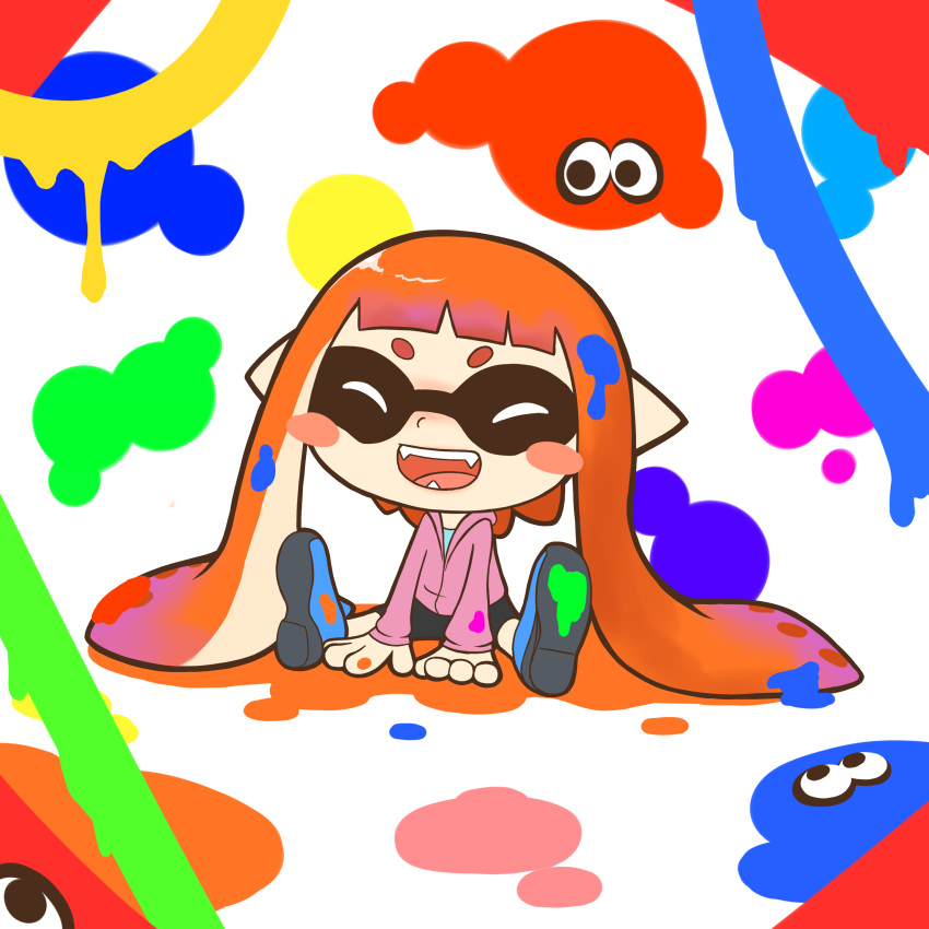 1girl, absurdres, bike_shorts, blue_footwear, blush_stickers, closed_eyes, facing_viewer, fangs, full_body, gingamu, happy, highres, hood, hooded_jacket, inkling, inkling_girl, inkling_player_character, jacket, long_hair, open_mouth, orange_hair, paint_splatter, pink_jacket, pointy_ears, sitting, solo, splatoon_(series), tentacle_hair, twintails, white_background