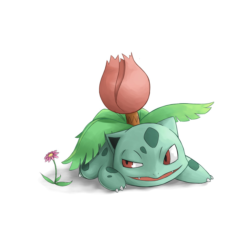 absurdres, animal_focus, claws, fangs, flower, full_body, gingamu, highres, ivysaur, lying, no_humans, nostrils, on_stomach, open_mouth, pink_flower, pokemon, pokemon_(creature), red_eyes, simple_background, solo, white_background