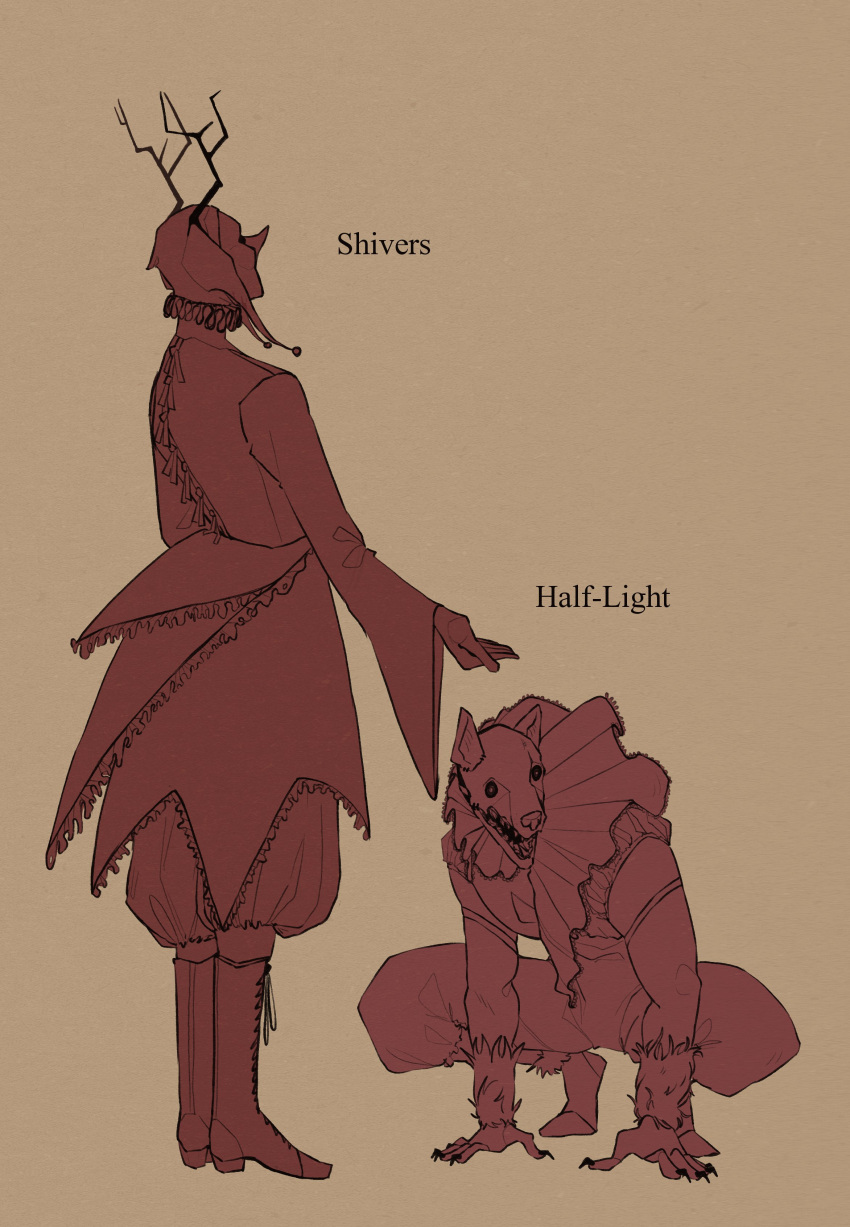 2boys, absurdres, animal_head, antlers, boots, brown_background, character_name, collar, disco_elysium, dress, english_text, fingernails, frilled_collar, frilled_dress, frills, full_body, half_light_(disco_elysium), hands_on_ground, hetequilasunset, highres, horns, jester, knee_boots, male_focus, mask, multiple_boys, outstretched_hand, pantaloons, pointy_nose, possum, sharp_fingernails, shivers_(disco_elysium), simple_background, squatting, waistcoat