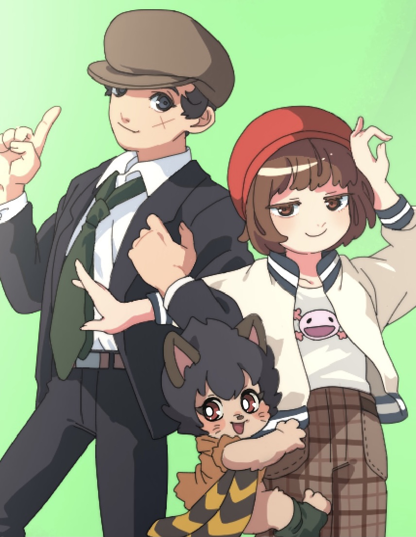 1girl, 2boys, black_hair, black_jacket, black_pants, bookila, bookila_ni_yoroshiku!, brown_hair