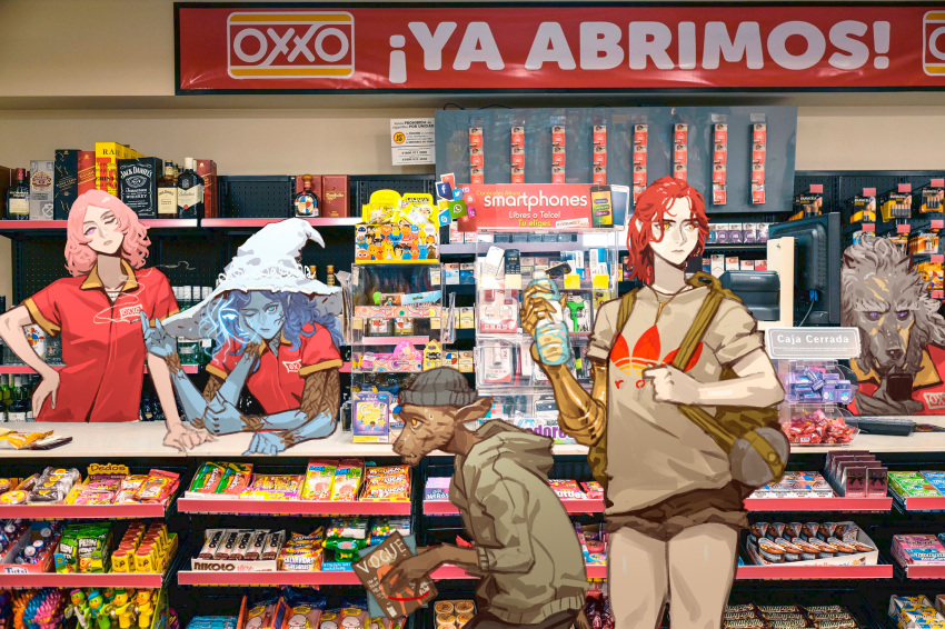 bag, beanie, blaidd_the_half-wolf, blue_hair, blue_skin, boc_the_seamster, bottle, cellphone