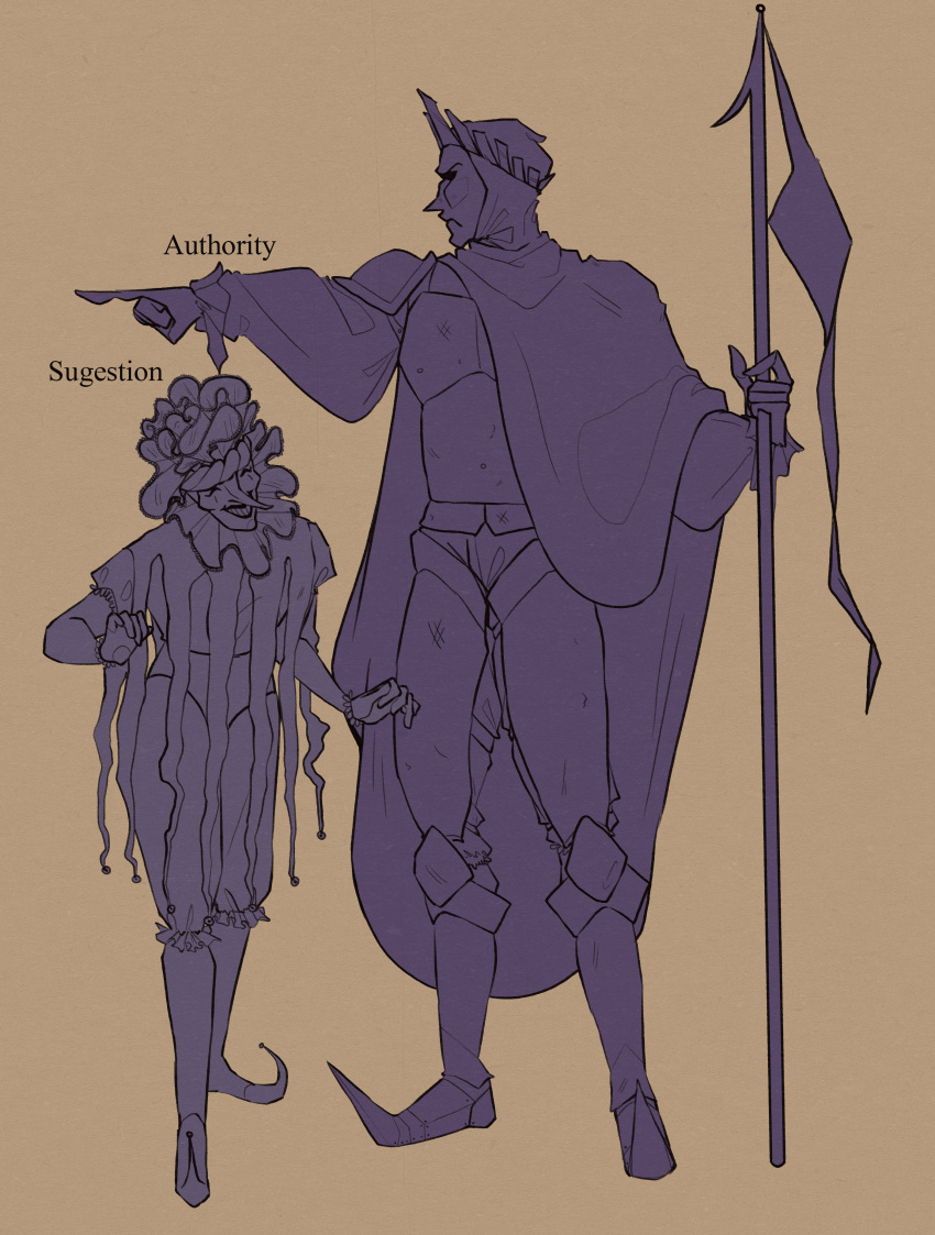 2boys, absurdres, armor, authority_(disco_elysium), brown_background, character_name, cloak, closed_eyes, crown, cuirass, disco_elysium, english_text, full_body, greaves, green_eyes, hand_up, happy, hat, height_difference, hetequilasunset, highres, holding, holding_polearm, holding_weapon, jester, long_nose, looking_to_the_side, male_focus, mask, multiple_boys, pointing, pointy_footwear, polearm, simple_background, spear, suggestion_(disco_elysium), typo, weapon, wide_sleeves