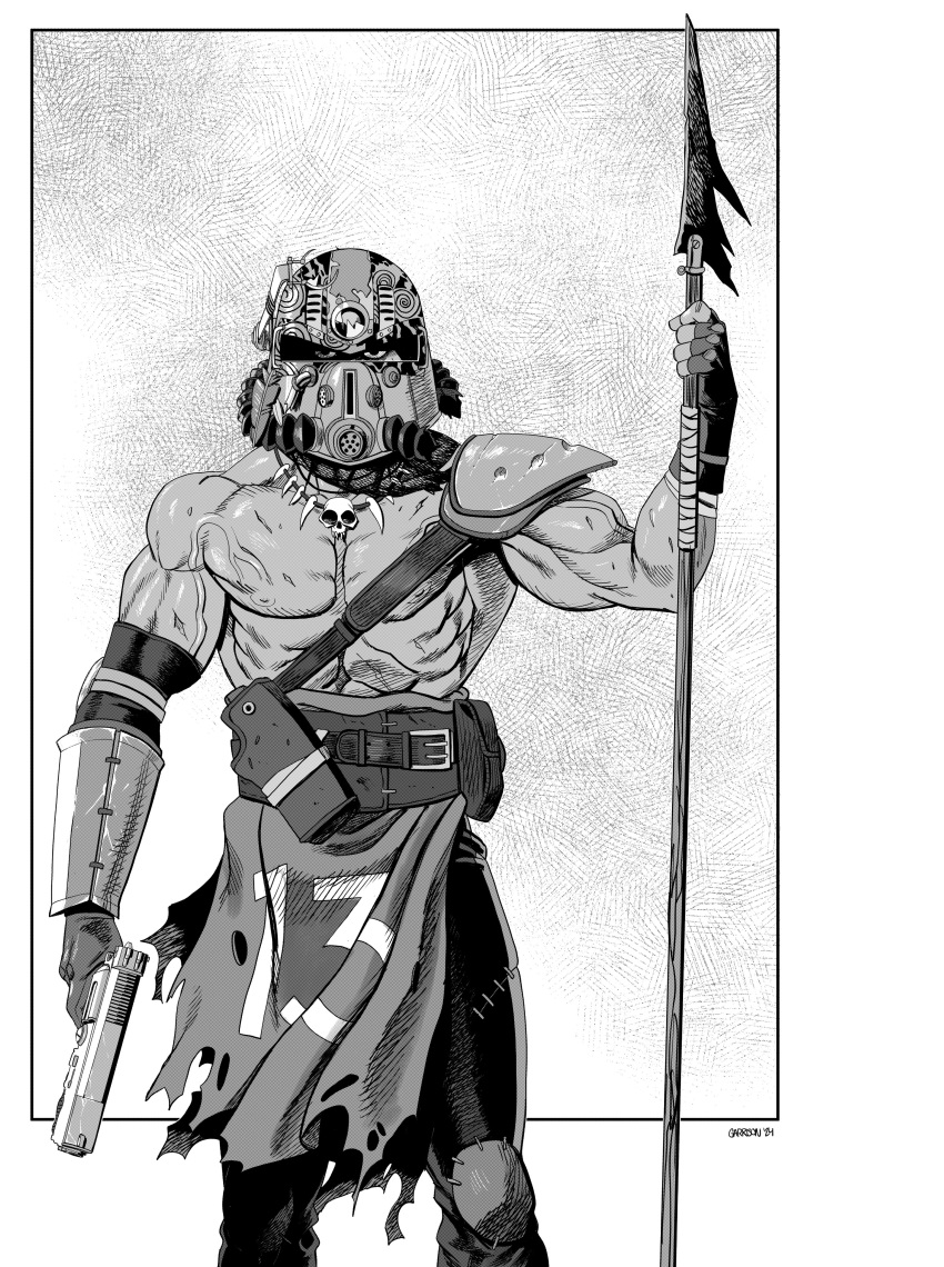 abs, absurdres, armor, belt, decomposedtaco, dual_wielding, eyes_visible_through_headwear, fallout_(series)