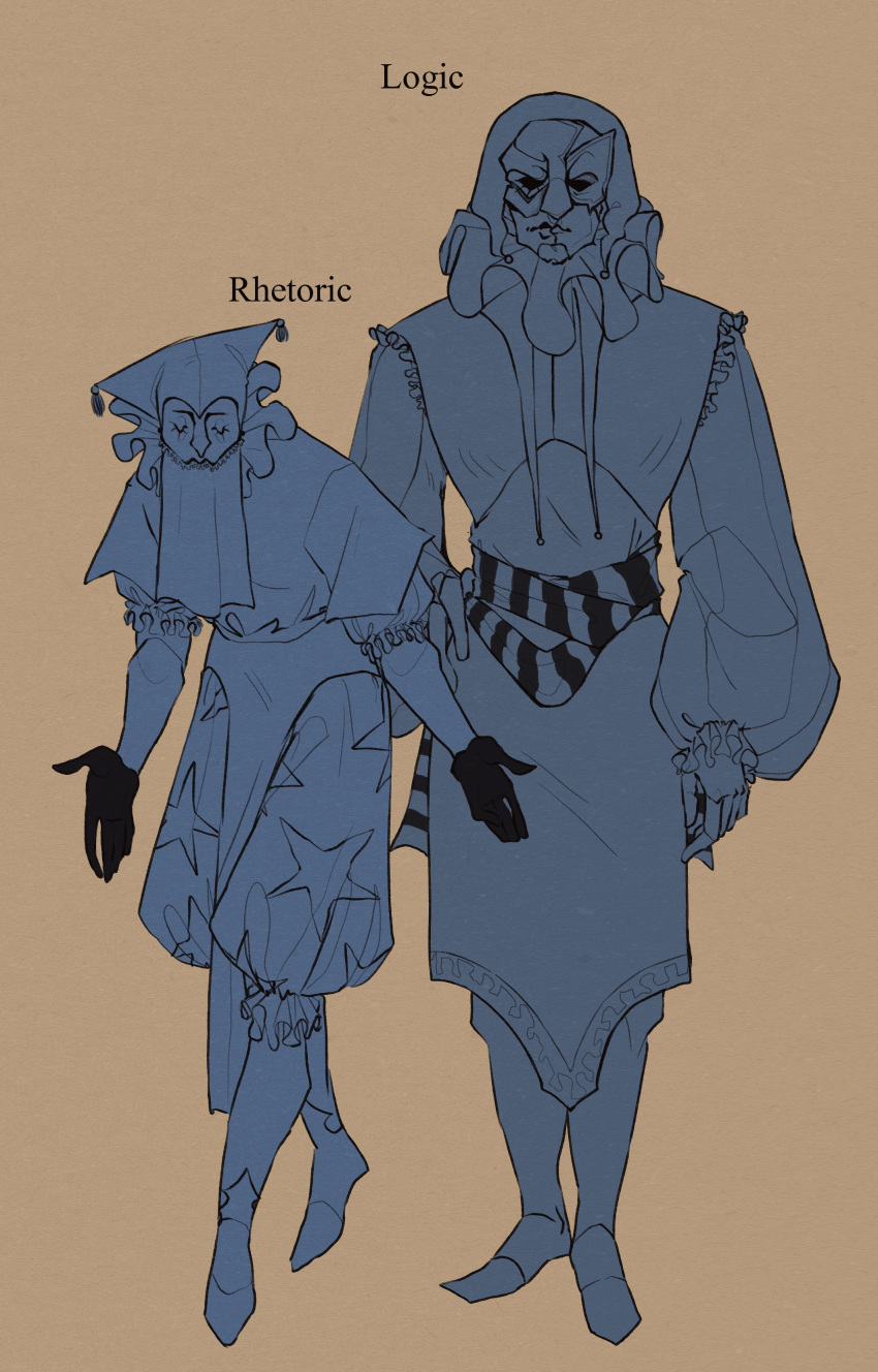 2boys, absurdres, black_gloves, bow, brown_background, character_name, closed_eyes, collar