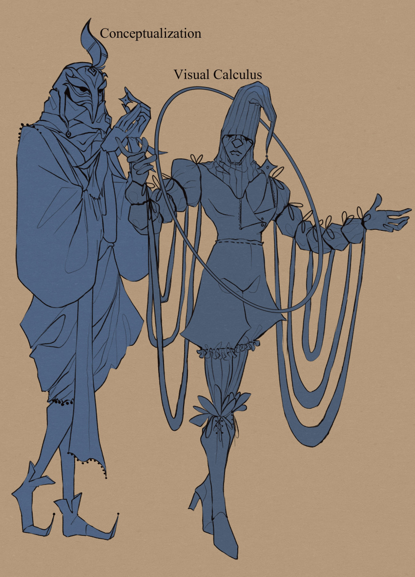 2boys, absurdres, bird_mask, boots, brown_background, character_name, conceptualization_(disco_elysium), disco_elysium, english_text, full_body, hands_up, hat_feather, hetequilasunset, high_heels, highres, holding, hoop, hula_hoop, jester, knee_boots, looking_at_object, male_focus, mask, multiple_boys, outstretched_arm, own_hands_together, pantaloons, pointy_footwear, pointy_hat, scarf, simple_background, visual_calculus_(disco_elysium), wide_sleeves