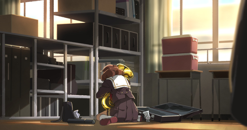 1girl, bag, blurry, blurry_foreground, brown_hair, chair, commentary, curtains