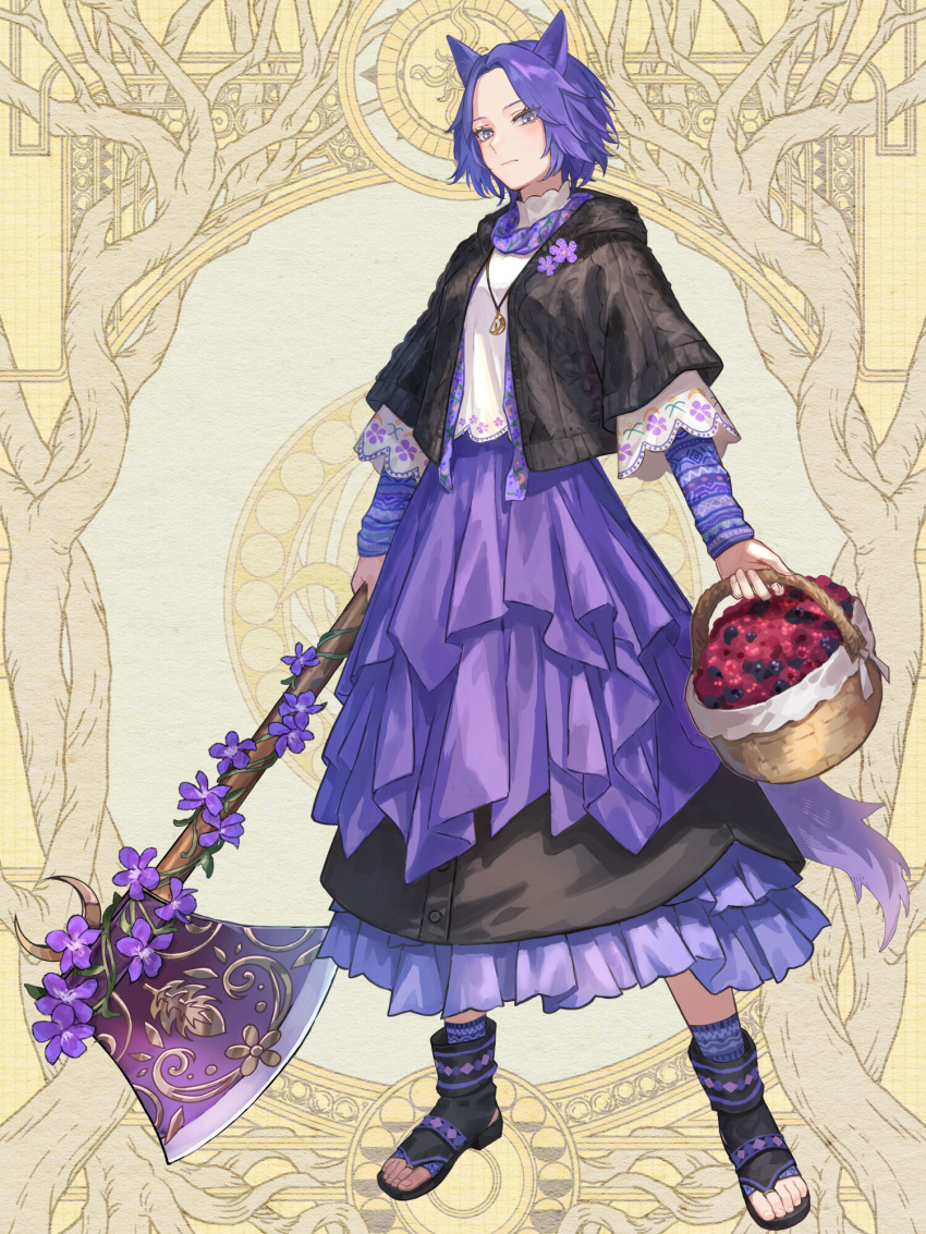 1girl, animal_ears, aomidorihana, axe, basket, berry, black_footwear, black_skirt