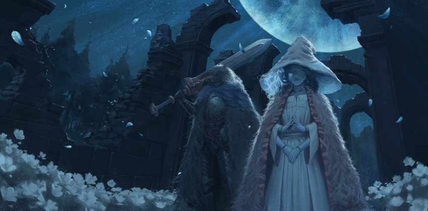 absurdres, armor, blaidd_the_half-wolf, blue_dress, blue_eyes, blue_hair, blue_hat, blue_skin