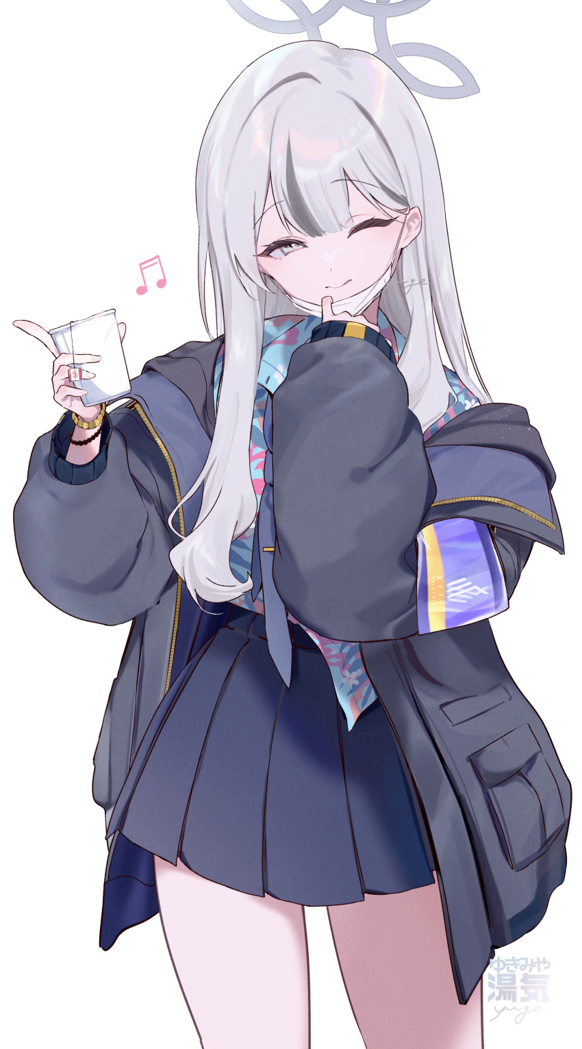 1girl, absurdres, beamed_sixteenth_notes, black_necktie, black_skirt, blue_archive, blue_shirt, blush