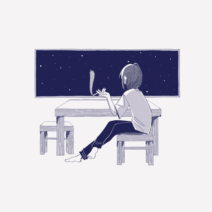 1girl, barefoot, bunkei_megane, cigarette, facing_away, feet, full_body, greyscale, high_ponytail, highres, holding, holding_cigarette, monochrome, on_chair, original, pants, shirt, sidelocks, sitting, sky, smoke, smoking, solo, star_(sky), starry_sky, table, toes, window