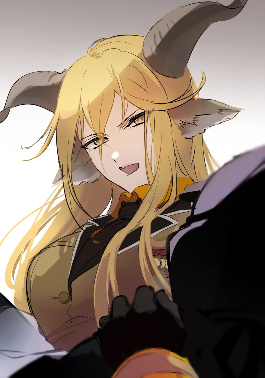 1girl, animal_ears, arknights, asymmetrical_sidelocks, blonde_hair, breasts, brown_horns, collared_shirt