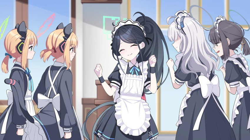 5girls, absurdly_long_hair, alternate_costume, animal_ear_headphones, animal_ears, apron, aris_(blue_archive), aris_(maid)_(blue_archive)