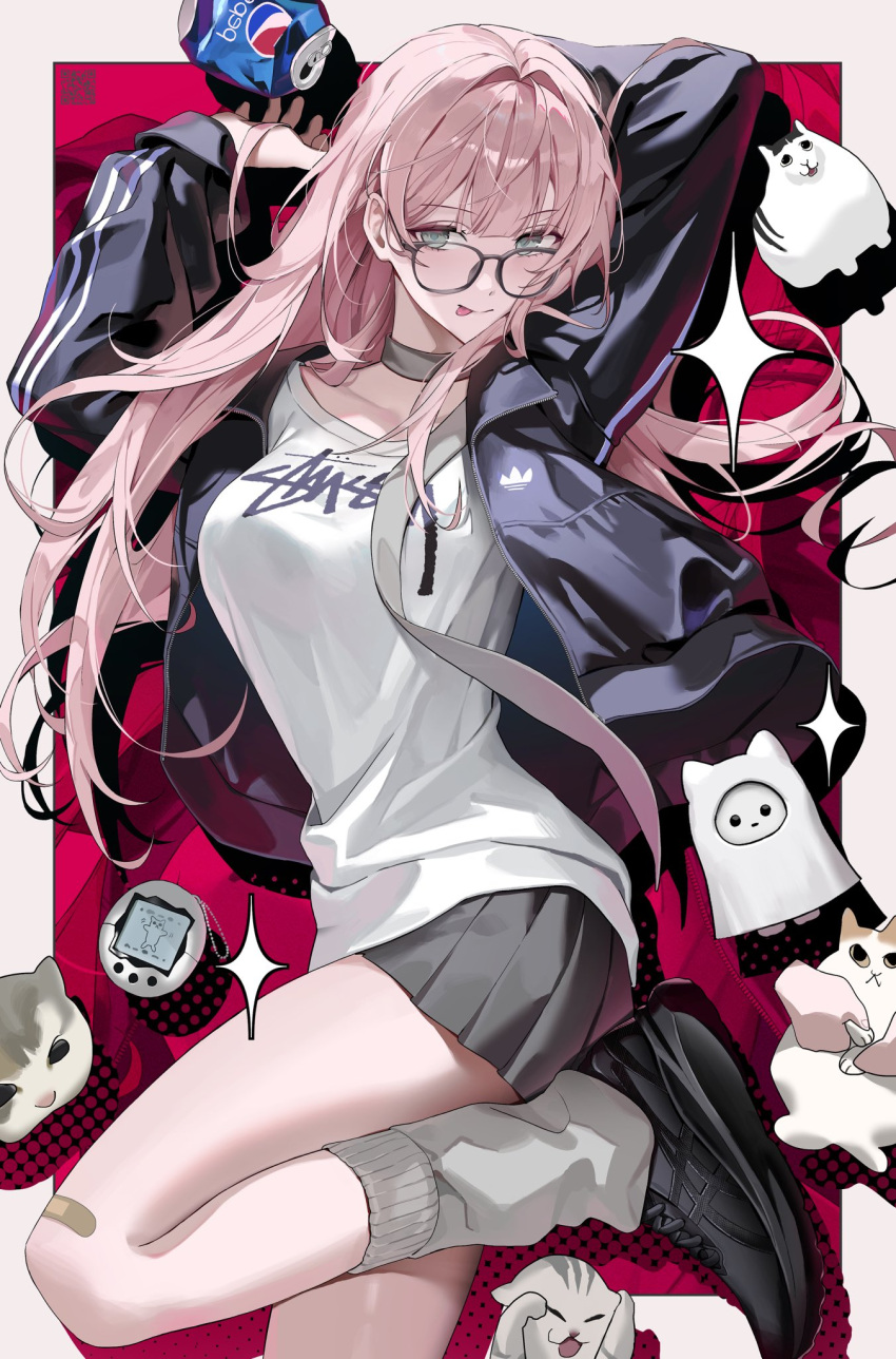 1girl, adidas, aimitkkays, band_shirt, black_jacket, can, cat, crushed_can, drink_can, glasses, grey_eyes, grey_skirt, grey_socks, highres, huh?_cat_(meme), jacket, loose_socks, meme, merchandise, original, pepsi, pink_hair, round_eyewear, skirt, socks, soda_can, solo