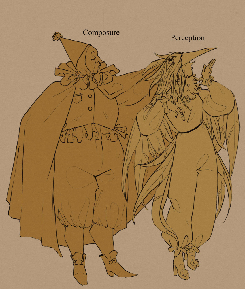 2boys, absurdres, bird_mask, breast_pocket, brown_background, character_name, cloak, closed_eyes, closed_mouth, collar, composure_(disco_elysium), disco_elysium, english_commentary, english_text, fat, feathers, frilled_collar, frills, full_body, hetequilasunset, highres, jester, male_focus, mask, multiple_boys, original, pantaloons, pants, perception_(disco_elysium), pocket, pointing, pointy_hat, pointy_nose, puffy_sleeves, simple_background, yellow_theme