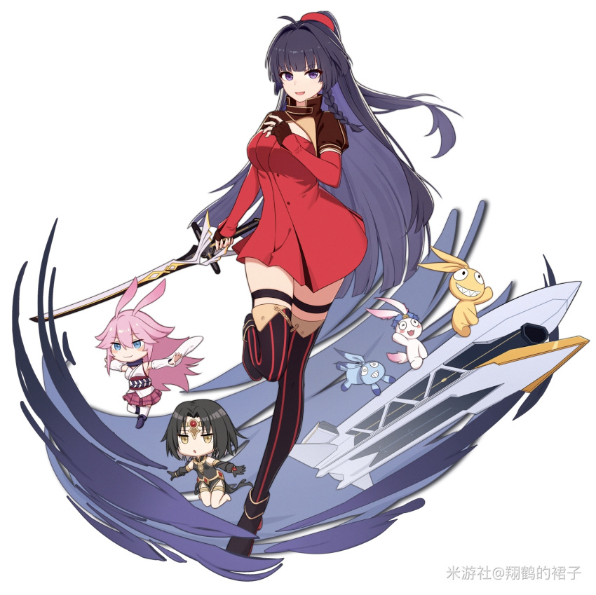 3girls, :d, :o, ahoge, animal_ears, black_dress, black_footwear, black_gloves, black_hair, blue_eyes, boots, brown_gloves, circlet, closed_mouth, dark_jixuanyuan, detached_sleeves, dress, fingerless_gloves, fox_ears, full_body, gloves, highres, holding, holding_sword, holding_weapon, holi_(honkai_impact), homi_(honkai_impact), homu_(honkai_impact), honkai_(series), honkai_impact_3rd, japanese_clothes, jixuanyuan, katana, kimono, long_hair, long_sleeves, looking_at_viewer, multiple_girls, nontraditional_miko, obi, open_mouth, outstretched_arms, pelvic_curtain, pink_hair, pink_skirt, ponytail, raiden_mei, raiden_mei_(valkyrie_bladestrike), red_dress, sash, short_hair, short_kimono, simple_background, skirt, smile, sword, thigh-highs, thigh_boots, weapon, white_background, white_kimono, white_sleeves, white_thighhighs, xiang_he_he_qunzi, yae_sakura, yae_sakura_(gyakushinn_miko), yellow_eyes
