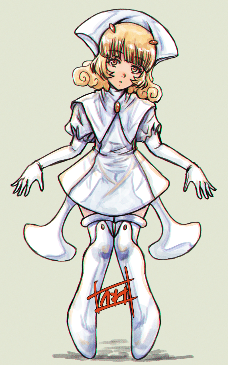 1girl, angelic_layer, blanche_(angelic_layer), blonde_hair, boots, capelet, dress, eyelashes