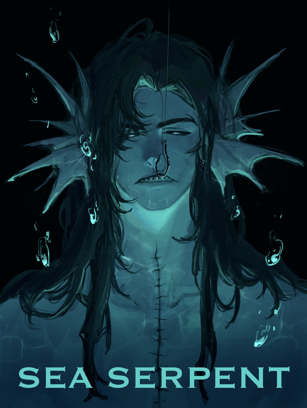 1boy, air_bubble, black_background, black_sclera, blue_eyes, blue_hair, blue_skin, blue_theme