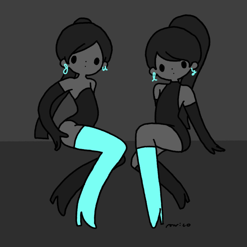 2girls, aqua_footwear, boots, closed_mouth, dated, dot_mouth, dot_nose, dress