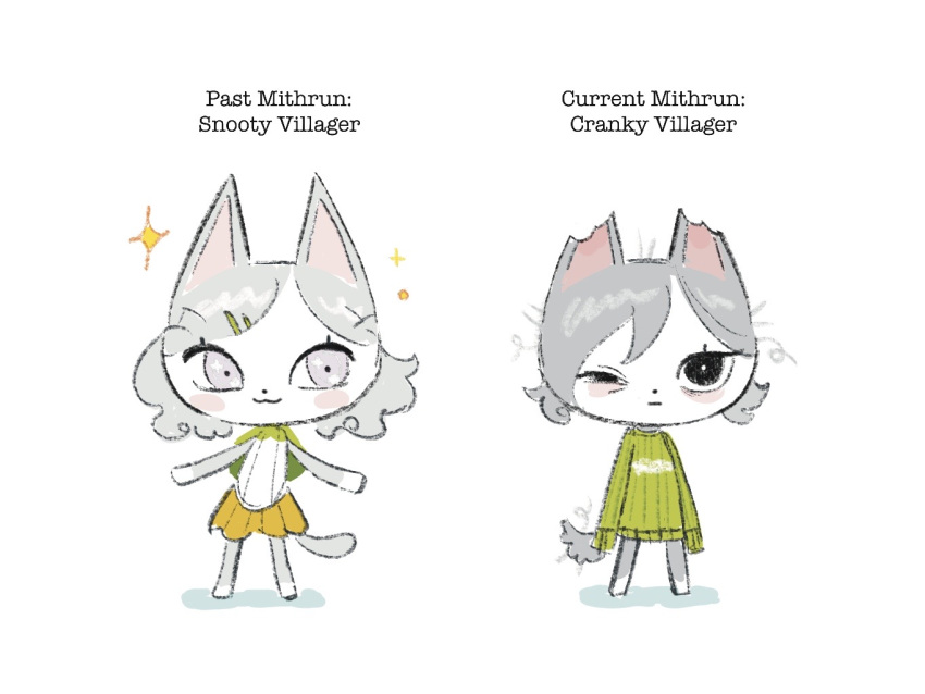 2boys, age_comparison, animal_crossing, animalization, bags_under_eyes, black_eyes, blush, cat, chibi, chibi_only, cloak, dual_persona, dungeon_meshi, elf, grey_hair, lazy_eye, male_focus, mithrun, multiple_boys, mushroombacons, notched_ear, parody, pointy_ears, short_hair, simple_background, sparkle, sweater, uneven_eyes, wavy_hair, white_background