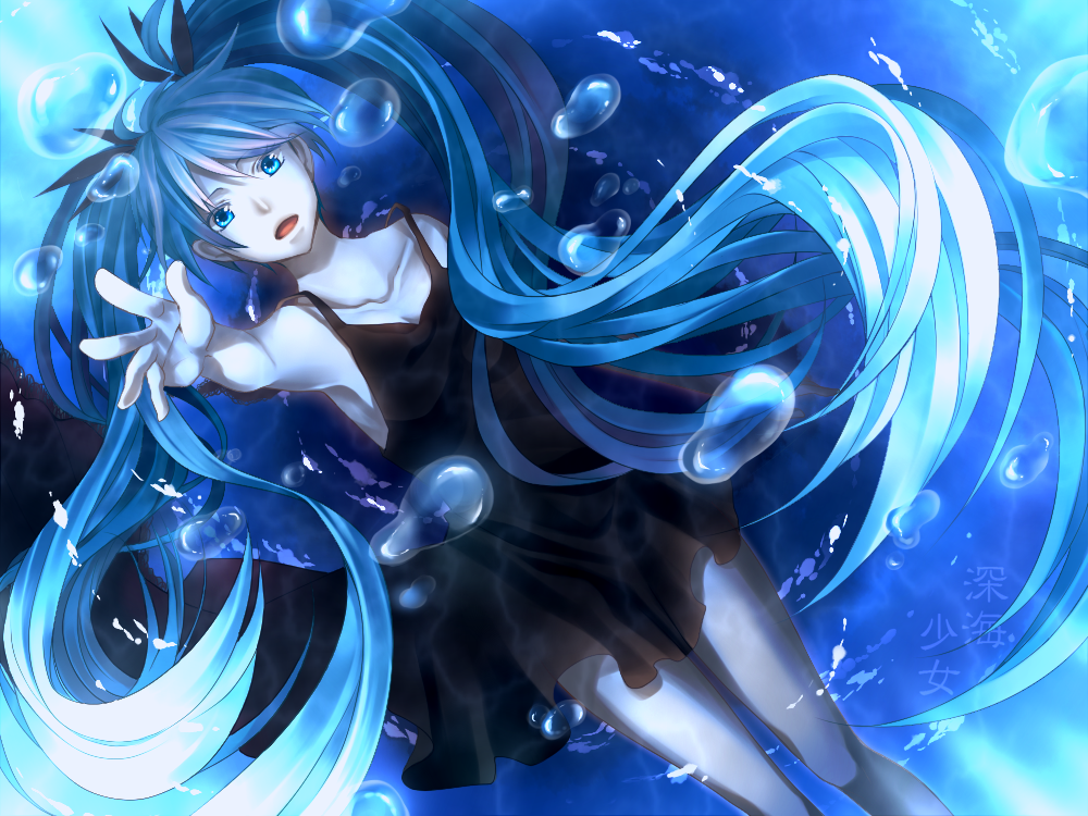 akatsuki_(kuon), black_dress, blue_eyes, blue_hair, bubble, dress, hatsune_miku, long_hair