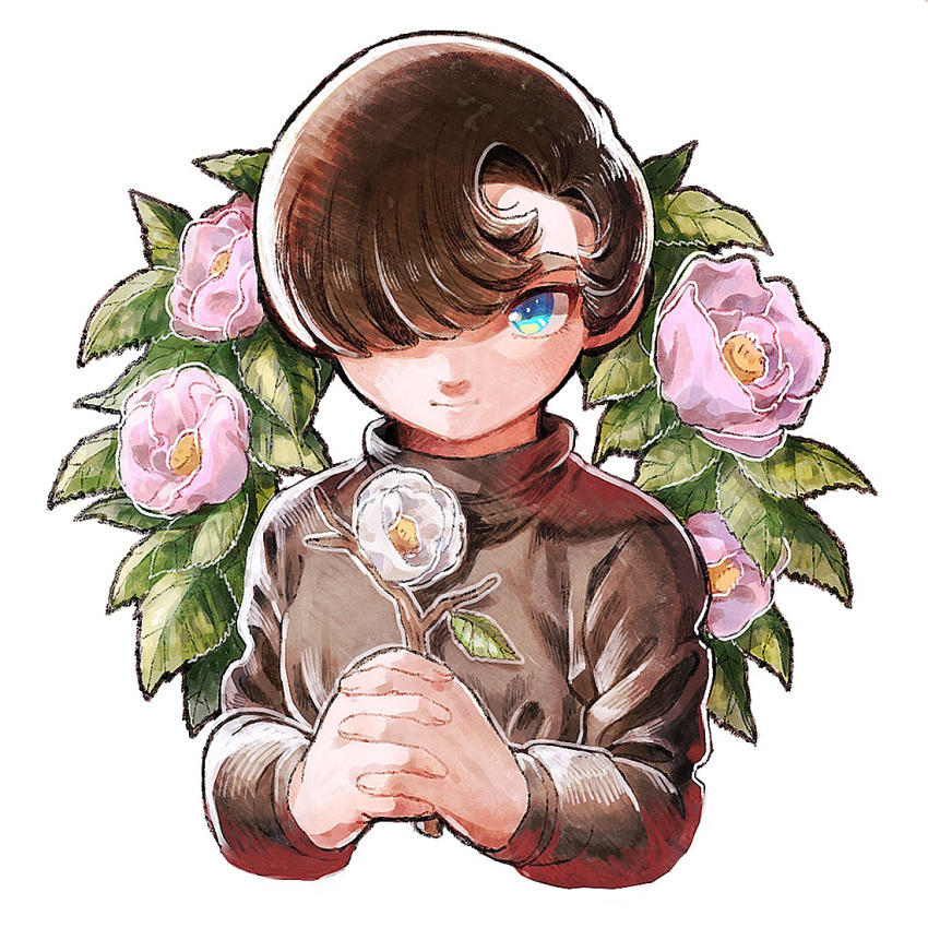 1boy, blue_eyes, branch, brown_hair, brown_shirt, closed_mouth, cropped_torso, eyelashes