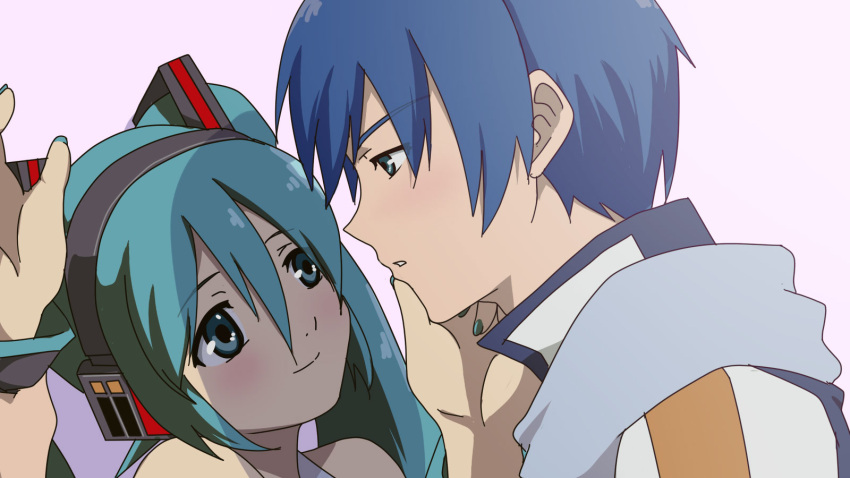 1girl, aqua_eyes, aqua_hair, blue_eyes, blue_hair, couple, halto, hatsune_miku, highres, kaito, smile, twintails, vocaloid