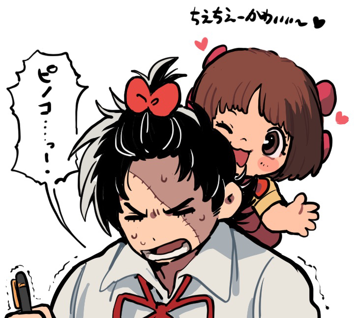 1boy, 1girl, alternate_hairstyle, angry, black_jack_(character), black_jack_(series), bow, brown_eyes