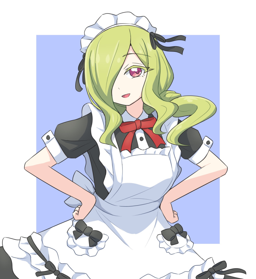 1girl, apron, black_dress, black_ribbon, border, colored_eyelashes, dress, hair_over_one_eye