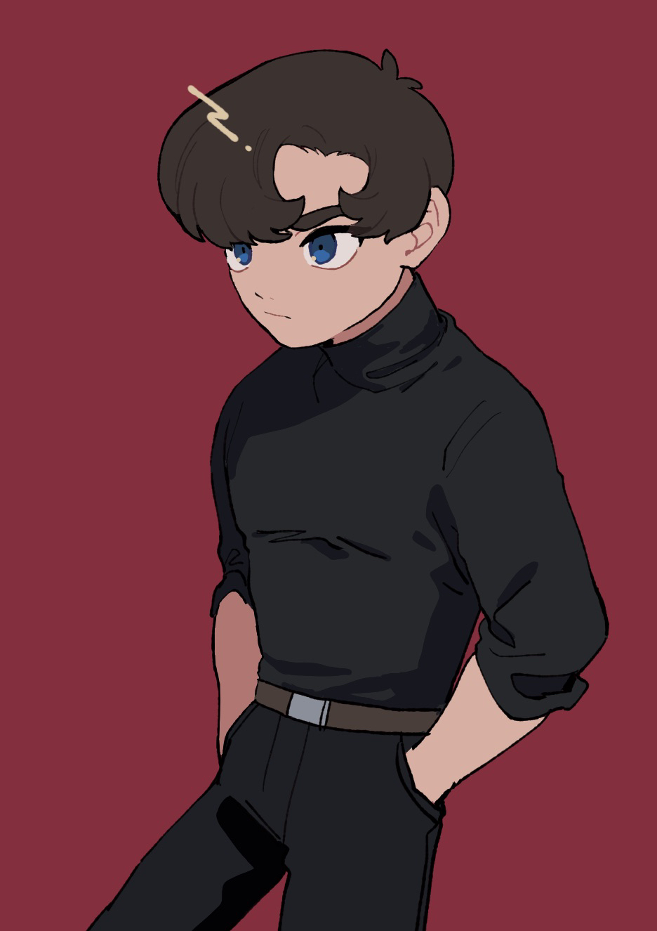1boy, belt, black_pants, black_shirt, blue_eyes, brown_belt, brown_hair, closed_mouth