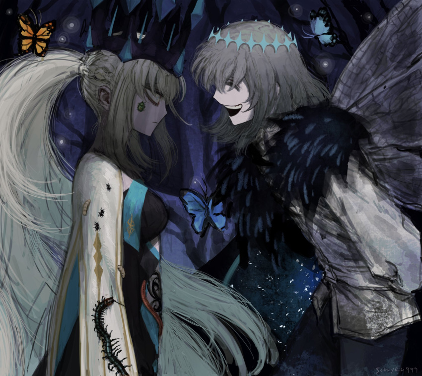 1boy, 1girl, arms_behind_back, arthropod_boy, bags_under_eyes, black_dress, black_veil, blue_eyes