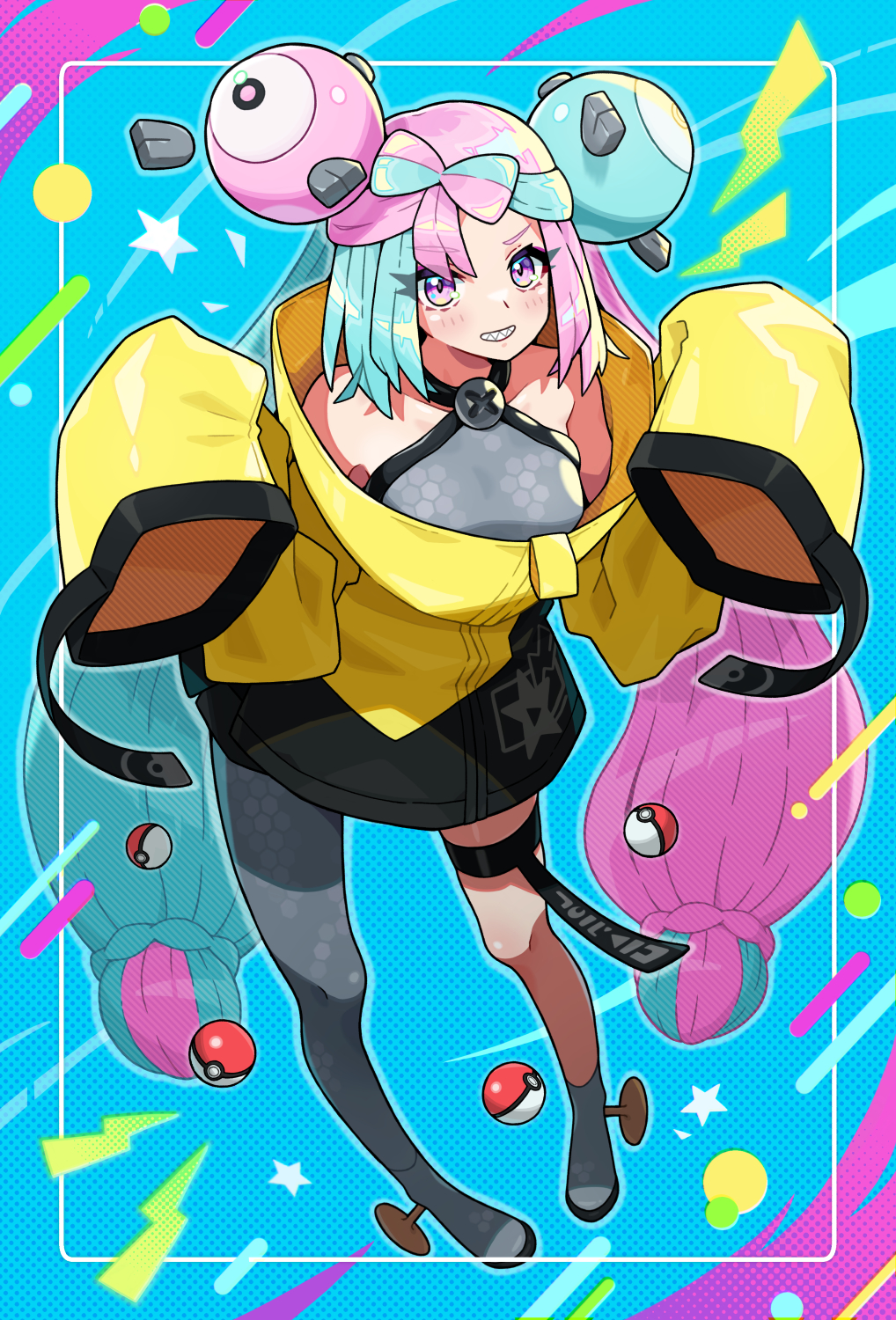 1girl, blue_hair, bow-shaped_hair, breasts, character_hair_ornament, hair_ornament, hexagon_print, highres, iono_(pokemon), jacket, long_hair, low-tied_long_hair, magnemite, muco_lita, multicolored_hair, oversized_clothes, pink_hair, pokemon, pokemon_sv, sharp_teeth, single_leg_pantyhose, sleeves_past_fingers, sleeves_past_wrists, smile, solo, split-color_hair, teeth, twintails, very_long_sleeves, x, yellow_jacket