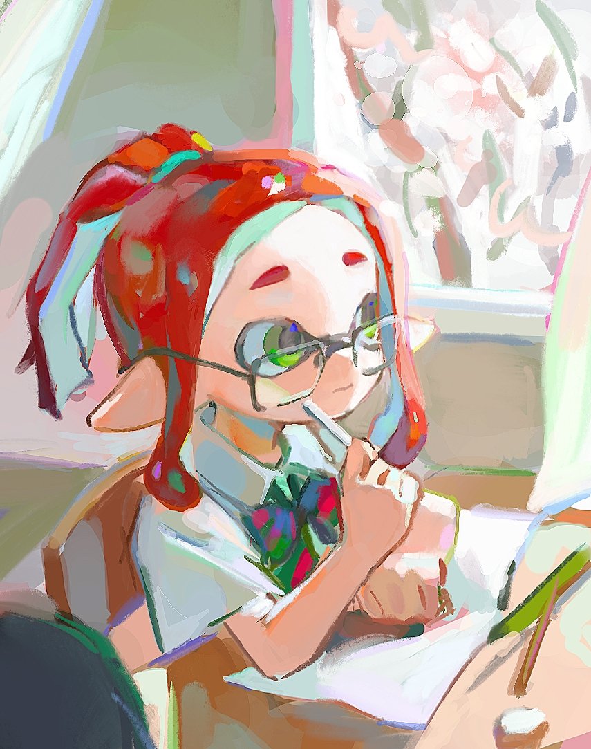 1girl, black-framed_eyewear, book, bow, bowtie, chinese_commentary, clenched_hand, closed_mouth
