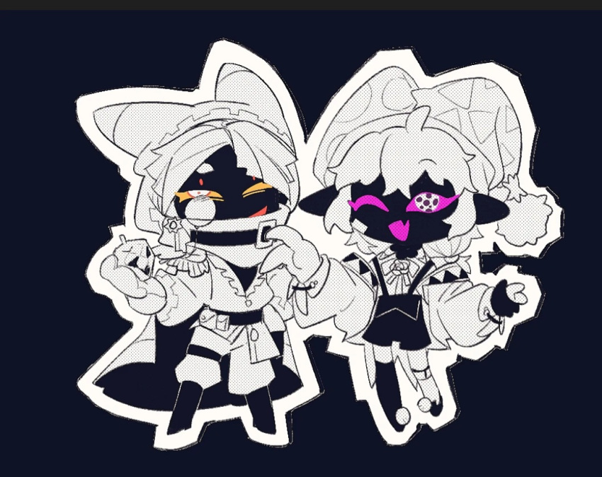2boys, alternate_eye_color, animal_ears, belt, black_background, buckle, cape, claws