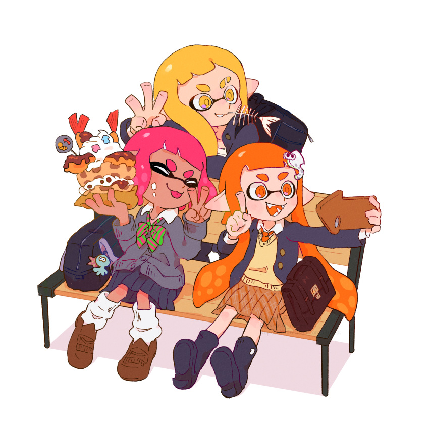 3girls, backpack, bag, bag_charm, black_bag, black_footwear, black_socks, blonde_hair