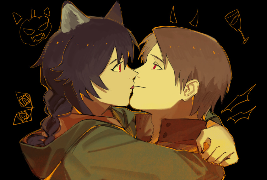 1boy, 1girl, animal_ear_fluff, animal_ears, arms_around_neck, bat_wings, black_background, black_hair